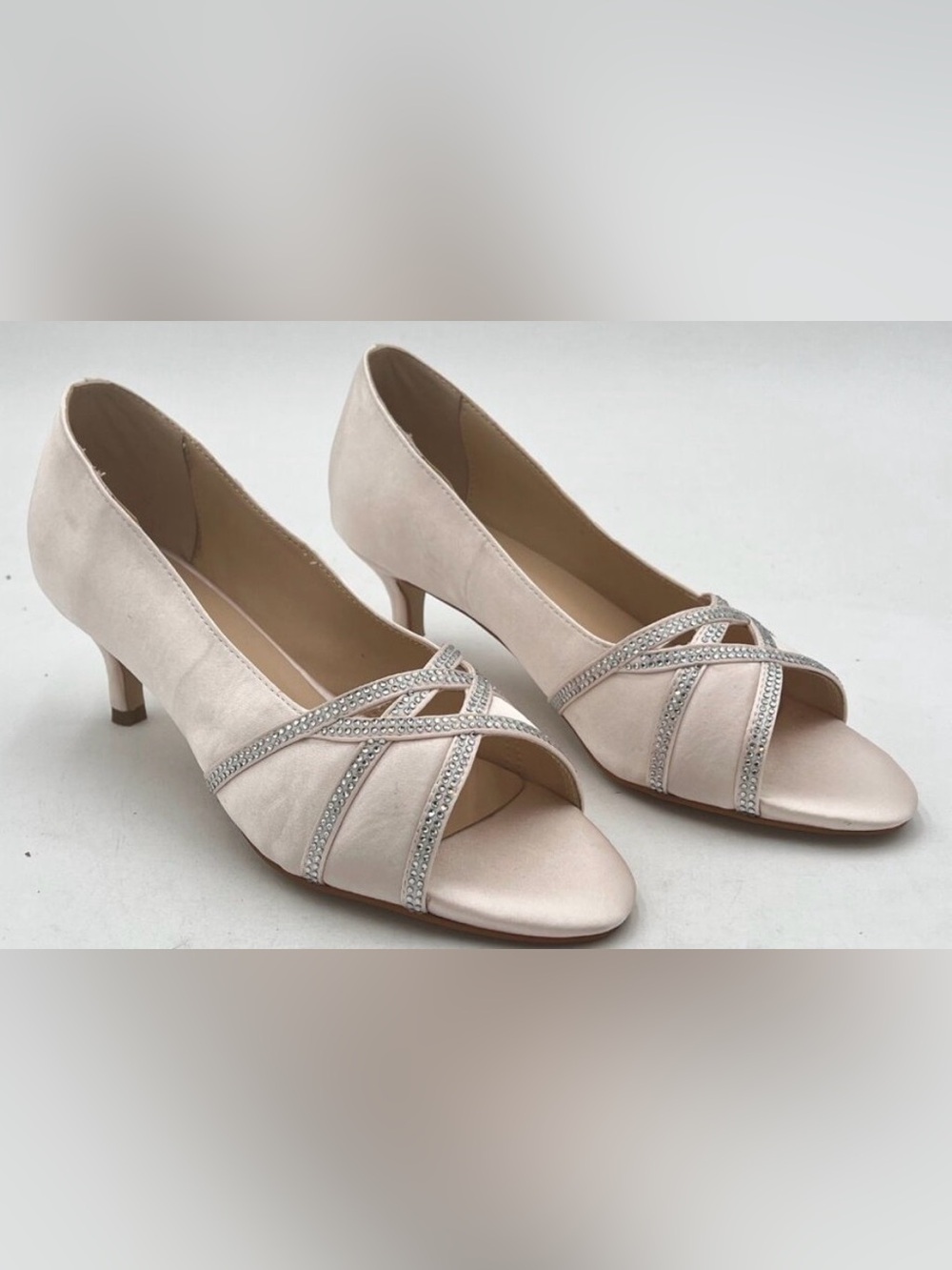 XYD Blush Pink Crisscross Crystal Peep-Toe Kitten Heels